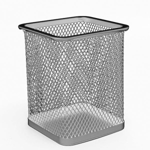 Pojemnik na długopisy metalowy kwadratowy siatka 8x8x10cm TRES srebrny /SKKSR/