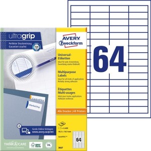Etykiety papierowe 48,5x16,9mm AVERY ZWECKFORM samoprzylepne do druku ultragrip 100ark 6400etykiet białe A4 papier samoprzylepny /3667 /