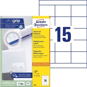 Etykiety papierowe 70x50,8mm AVERY ZWECKFORM ultragrip 100ark 1500etykiet białe /3669 /