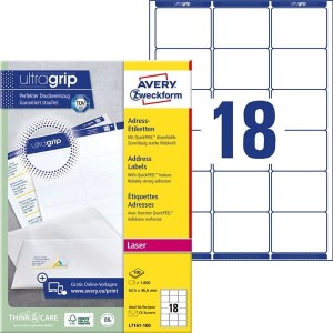 Etykiety papierowe 63,5x46,6mm AVERY ZWECKFORM adresowe ultragrip 100ark 1800etykiet białe /l7161-100 /