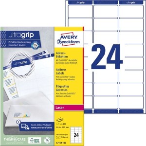 Etykiety papierowe 63,5x33,9mm AVERY ZWECKFORM adresowe ultragrip 100ark 2400etykiet białe /l7159-100 /