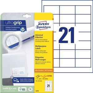 Etykiety papierowe 64x36mm AVERY ZWECKFORM ultragrip 25+5ark 630etykiet białe /6170 /
