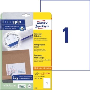 Etykiety papierowe 210x297mm AVERY ZWECKFORM ultragrip 25+5ark 30etykiet białe /6119 /