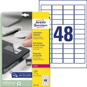Etykiety foliowe poliestrowe 45,7x21,2mm AVERY ZWECKFORM wodoodporne zabezpieczające - plomby 20ark 960etykiet białe matowe /l6113-20 /