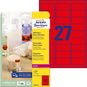 Etykiety papierowe usuwalne 63,5x29,6mm AVERY ZWECKFORM 25ark 675etykiet neonowe czerwone /l6003-25 /