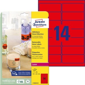 Etykiety papierowe usuwalne 99,1x38,1mm AVERY ZWECKFORM 25ark 350etykiet neonowe czerwone /l7263r-25 /