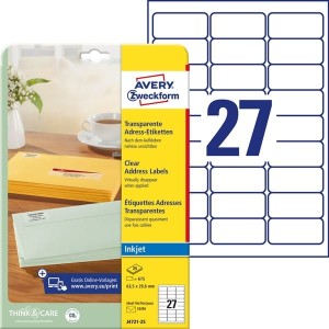 Etykiety foliowe poliestrowe 63,5x29,6mm AVERY ZWECKFORM wodoodporne adresowe 25ark 675etykiet transparentne /j4721-25 /