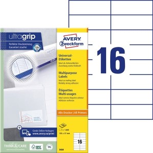 Etykiety papierowe 105x37mm AVERY ZWECKFORM ultragrip 100ark 1600etykiet białe /3484 /