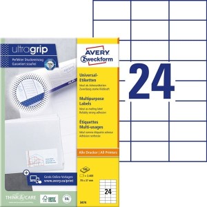 Etykiety papierowe 70x37mm AVERY ZWECKFORM samoprzylepne do druku ultragrip 100ark 2400etykiet białe A4 papier samoprzylepny /3474 /