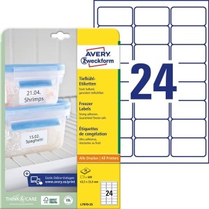 Etykiety papierowe 63,5x33,9mm AVERY ZWECKFORM na mrożonki 25ark 600etykiet białe /l7970-25 /