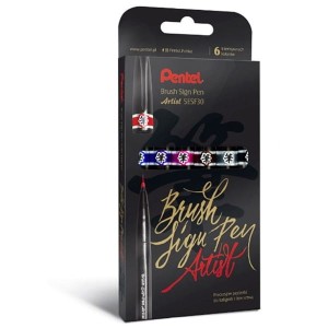 Pisaki 6 kolorów pędzelkowe/brush do kaligrafii i liternictwa PENTEL BRUSH SIGN PEN ARTIST czarny, czerwony, zielony, pomarańczowy, żółty, błękitny 6szt. /SESF30C-ST6ABDFGSPL/