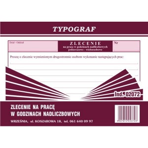 Druk offsetowy zlecenie na prace w godzinach nadliczbowych A6 80 kartek TYPOGRAF /02072/