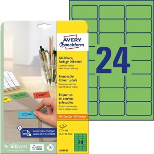 Etykiety papierowe usuwalne 63,5x33,9mm AVERY ZWECKFORM 20ark 480etykiet zielone /l6033-20 /