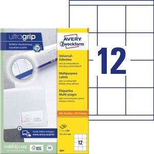 Etykiety papierowe 70x67,7mm AVERY ZWECKFORM ultragrip 100ark 1200etykiet białe /3661 /