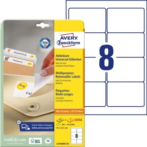 Etykiety papierowe usuwalne 96x63,5mm AVERY ZWECKFORM 25+5ark 240etykiet białe /l4745rev-25 /