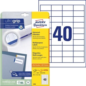 Etykiety papierowe 48,5x25,4mm AVERY ZWECKFORM samoprzylepne do druku ultragrip 25+5ark 1200etykiet białe A4 papier samoprzylepny /4780 /