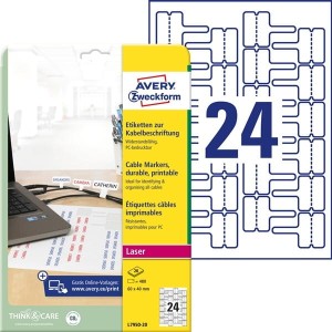 Etykiety foliowe poliestrowe 60x40mm AVERY ZWECKFORM wodoodporne do oznaczania kabli w kształcie flagi 20ark 480etykiet białe matowe /l7950-20 /