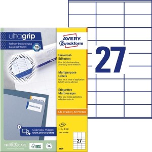 Etykiety papierowe 70x32mm AVERY ZWECKFORM samoprzylepne do druku ultragrip 100ark 2700etykiet białe papier samoprzylepny /3479 /