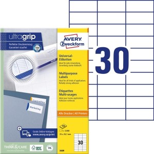 Etykiety papierowe 70x29,7mm AVERY ZWECKFORM ultragrip 100ark 3000etykiet białe /3489 /