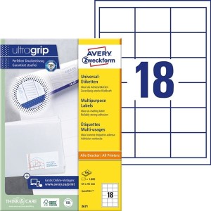 Etykiety papierowe 64x45mm AVERY ZWECKFORM ultragrip 100ark 1800etykiet białe /3671 /