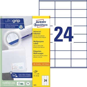 Etykiety papierowe 70x36mm AVERY ZWECKFORM ultragrip 100ark 2400etykiet białe /3475 /