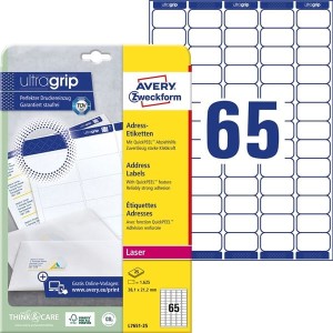Etykiety papierowe 38,1x21,2mm AVERY ZWECKFORM adresowe ultragrip 25ark 1625etykiet białe /l7651-25 /