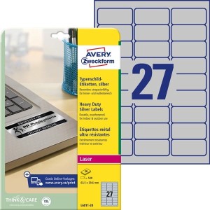Etykiety foliowe poliestrowe 63,5x29,6mm AVERY ZWECKFORM wodoodporne znamionowe przemysłowe heavy duty 20ark 540etykiet srebrne matowe /l6011-20 /