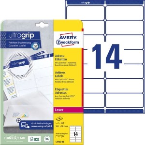 Etykiety papierowe 99,1x38,1mm AVERY ZWECKFORM adresowe ultragrip 40ark 560etykiet białe /l7163-40 /