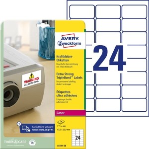 Etykiety foliowe poliestrowe 63,5x33,9mm AVERY ZWECKFORM wodoodporne zabezpieczające triple bond 20ark 480etykiet białe matowe /l6141-20 /