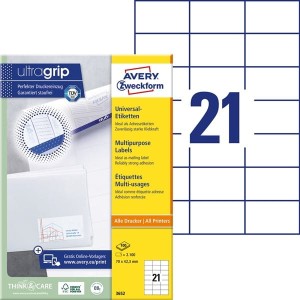 Etykiety papierowe 70x42,3mm AVERY ZWECKFORM samoprzylepne do druku ultragrip 100ark 2100etykiet białe A4 papier samoprzylepny /3652 /