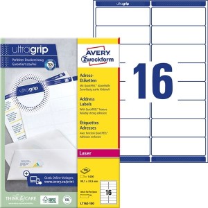 Etykiety papierowe 99,1x33,9mm AVERY ZWECKFORM adresowe ultragrip 100ark 1600etykiet białe /l7162-100 /