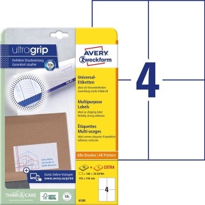 Etykiety papierowe 105x148mm AVERY ZWECKFORM ultragrip 25+5ark 120etykiet białe /6120 /