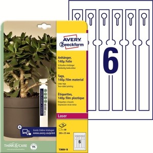 Etykiety foliowe poliestrowe 250x25mm AVERY ZWECKFORM pętelkowe do roślin 10ark 60etykiet białe matowe /t3008-10 /