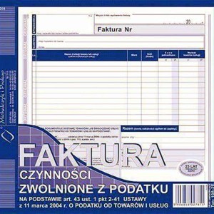 Druk samokopiujący faktura czynności zwolnionych z podatku na podstawie art 43 ust.1 pkt 2-41 ustawy z 11.03.2004r.o podatku VAT A5 80 kartek odbiorca faktury TYPOGRAF /01237/