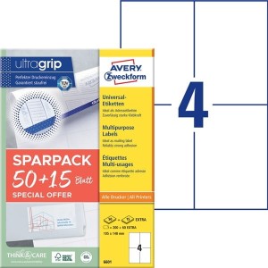 Etykiety papierowe 105x148mm AVERY ZWECKFORM ultragrip 50+15ark 260etykiet białe /6601 /
