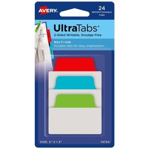 Zakładki indeksujące 50,8x38,1mm poliestrowe z papierową zakładką 3x8szt. transparentne zakładki czerwone niebieskie zielone AVERY ZWECKFORM ULTRA TABS usuwalne 24szt. /74754/