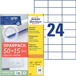 Etykiety papierowe 70x37mm AVERY ZWECKFORM ultragrip 50+15ark 1560etykiet białe /6605 /