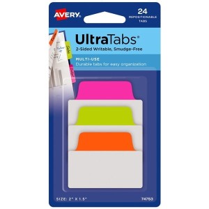 Zakładki indeksujące 50,8x38,1mm poliestrowe z papierową zakładką 3x8szt. transparentne zakładki neonowe różowe zielone pomarańczowe AVERY ZWECKFORM ULTRA TABS usuwalne 24szt. /74753/