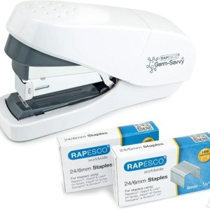 Zszywacz do 35 kartek na zszywki 24/6 RAPESCO ECO FLAT CLINCH z powłoką antybakteryjną + zszywki biały  /1689/