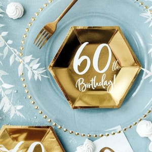 Talerze papierowe 20x17cm PARTYDECO z białym nadrukiem 60TH BIRTHDAY! metalizowane złote 6szt. /TPP73-60-019M/