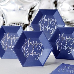 Talerze papierowe 20cm PARTYDECO w kształcie sześciokąta z holograficznym nadrukiem HAPPY B'DAY granatowe 6szt. /TPP63-074/