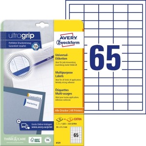 Etykiety papierowe 38x21,2mm AVERY ZWECKFORM ultragrip 25+5ark 1950etykiet białe /6121 /