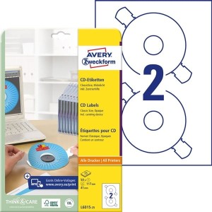 Etykiety papierowe na cd okrągłe 117mm AVERY ZWECKFORM z kółkiem centrującym 25ark 50etykiet białe matowe /l6015-25 /