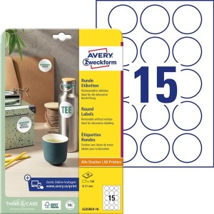 Etykiety papierowe usuwalne okrągłe 51mm AVERY ZWECKFORM 10ark 150etykiet białe /6225rev-10 /