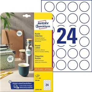 Etykiety papierowe okrągłe 40mm AVERY ZWECKFORM 10ark 240etykiet białe /l3415-10 /