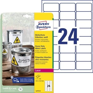Etykiety foliowe poliestrowe 63,5x33,9mm AVERY ZWECKFORM wodoodporne heavy duty 8ark 192etykiet białe matowe /l4773-8 /