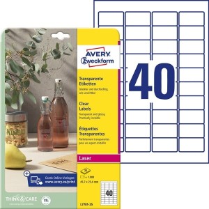 Etykiety foliowe poliestrowe 45,7x25,4mm AVERY ZWECKFORM wodoodporne crystal clear 25ark 1000etykiet transparentne błyszczące /l7781-25 /