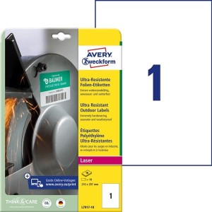Etykiety foliowe polietylenowe 210x297mm AVERY ZWECKFORM wodoodporne ultra resistant 10ark 10etykiet białe matowe /l7917-10 /
