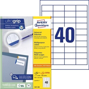 Etykiety papierowe 48,5x25,4mm AVERY ZWECKFORM ultragrip 200+20ark 8800etykiet białe /3657-200 /