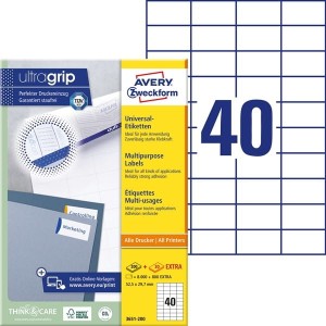 Etykiety papierowe 52,5x29,7mm AVERY ZWECKFORM ultragrip 200+20ark 8800etykiet białe /3651-200 /